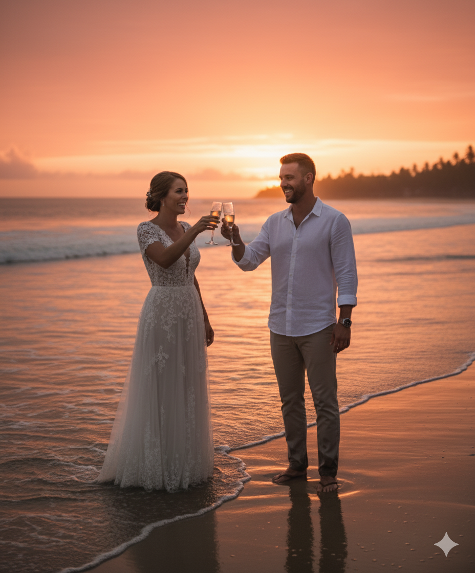 Brindis de los novios en el atardecer de Santa Teresa